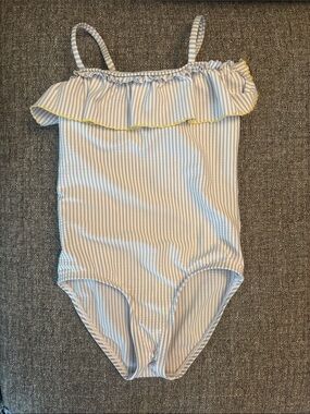 Zara Light Blue & White Striped Ruffle Swim Top